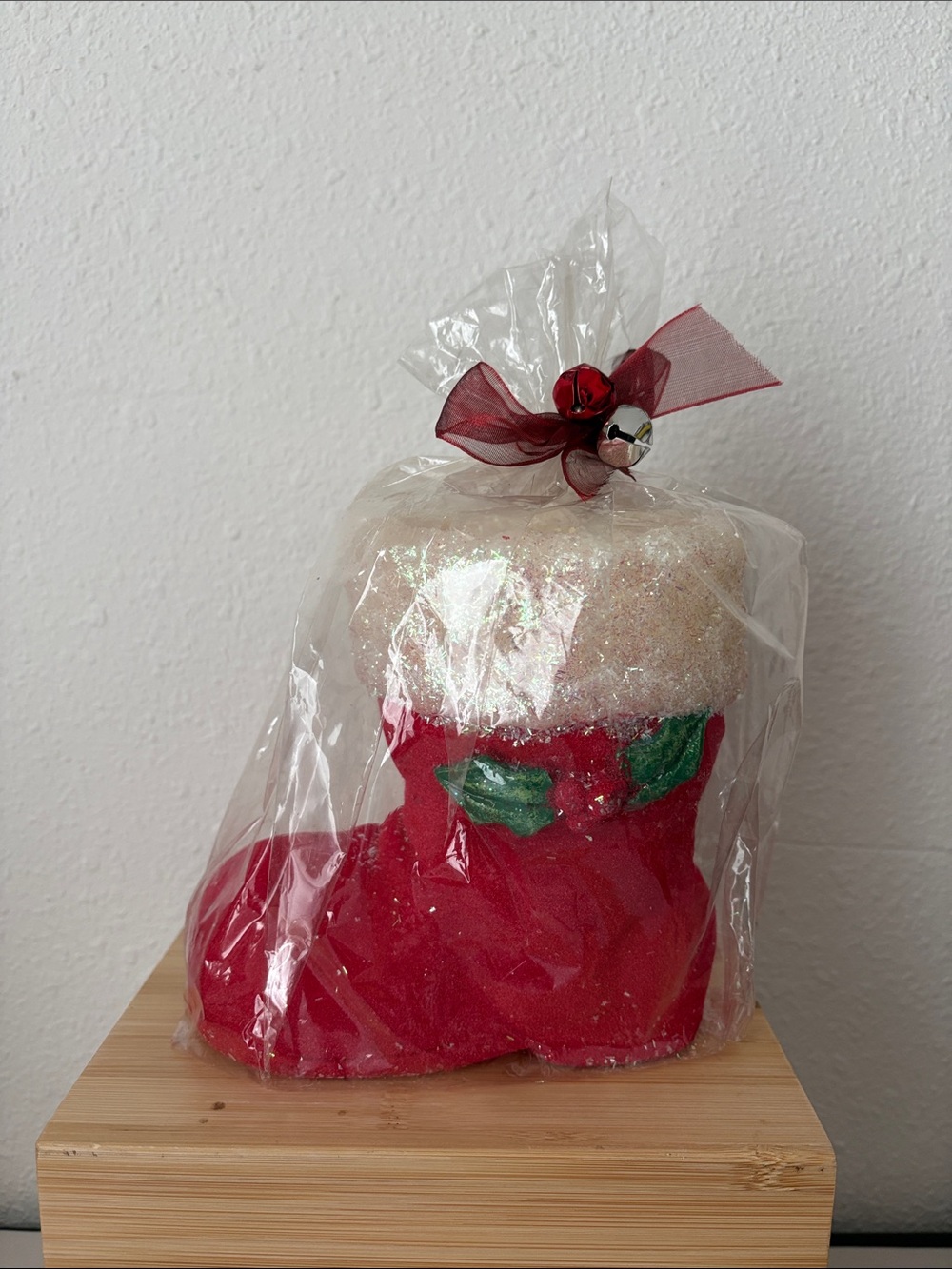 Kohl's Red and White Glitter Holiday Stocking with Green Holly Accent candle